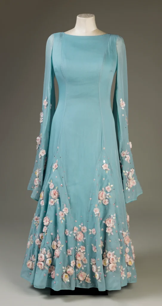 Cherry Blossom evening dress by Norman Hartnell, worn by Queen Elizabeth II during a State Visit to Japan in 1975